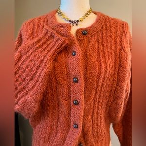 Rust colored Mohair cardigan, loose -fitting with “7” rounded metal buttons